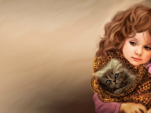 Обои о любви: Девочка с котёнком